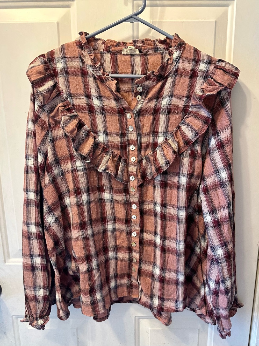 POL Ruffled Plaid Button-Up Blouse in Dusty Rose